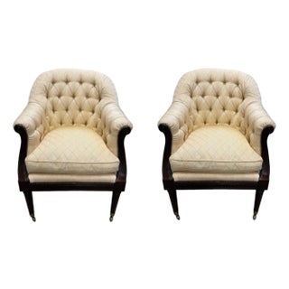 Pair of Lillian August Tufted Club Chairs With Carved Wood Trim For Sale