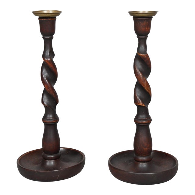 English Oak Barley Twist Candlestick Holders Circa 1900, a Pair For Sale