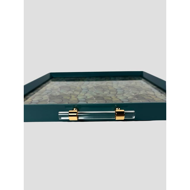Plastic Custom Peacock Tray Acrylic Handles Teal For Sale - Image 7 of 9