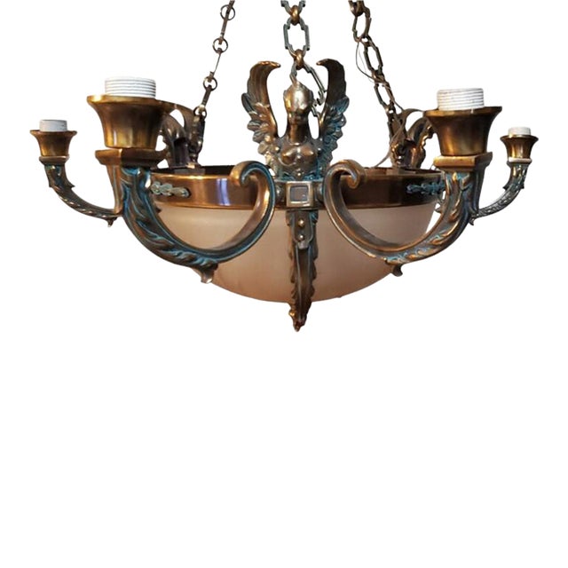 1960s Empire French-Style Brass Chandelier, Frosted Glass Bowl & Three Griffins For Sale