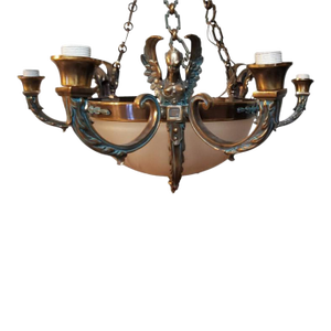 1960s Empire French-Style Brass Chandelier, Frosted Glass Bowl & Three Griffins