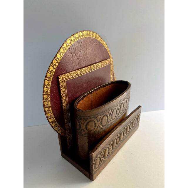 Vintage Italian desk set from Marshall Field's, Chicago. Letter holder, pencil holder, and two desk mats with gold...