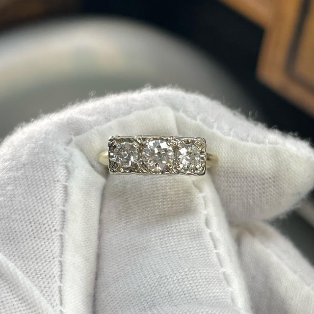 Victorian Antique 14k Yellow/White Gold 3 Stone Diamond Engagement Ring, Size 6 For Sale - Image 3 of 9