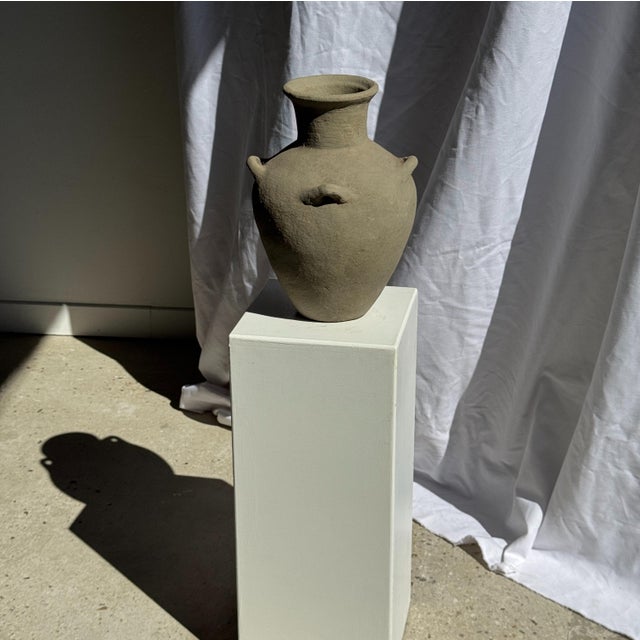 Indonesian Light Grey-Beige Terracotta Vase with 4 Small Handles and a Tall Neck For Sale - Image 17 of 18