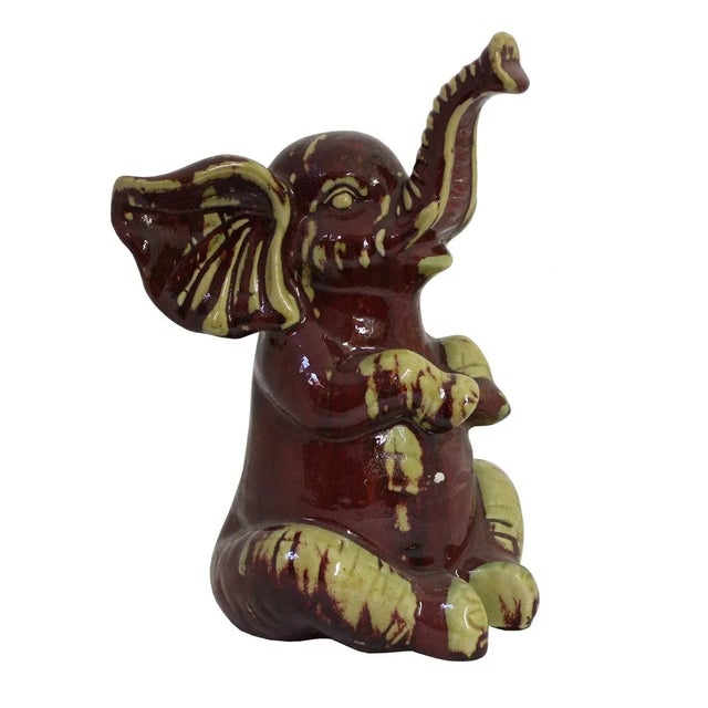 Asian Ceramic Dark Red Baby Elephant Figurine For Sale - Image 3 of 6