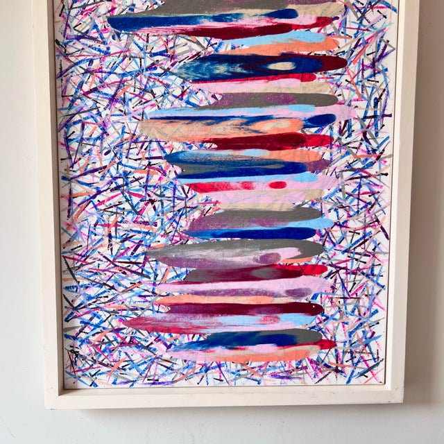 Late 20th Century Vintage Bauhaus Pink and Purple Abstract Confetti Framed Painting For Sale - Image 9 of 9