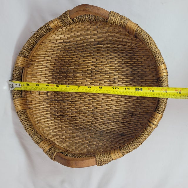 Vintage Round Woven Wicker Rice Basket With Wood Handles Rustic Boho For Sale - Image 9 of 11