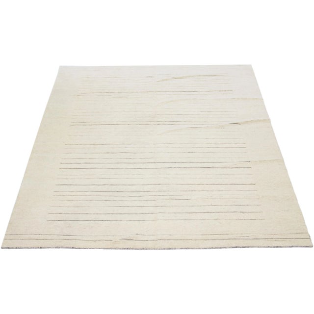 Moroccan 2020s Modern Moroccan Style Ivory Wool Rug With Stripe Design For Sale - Image 3 of 8