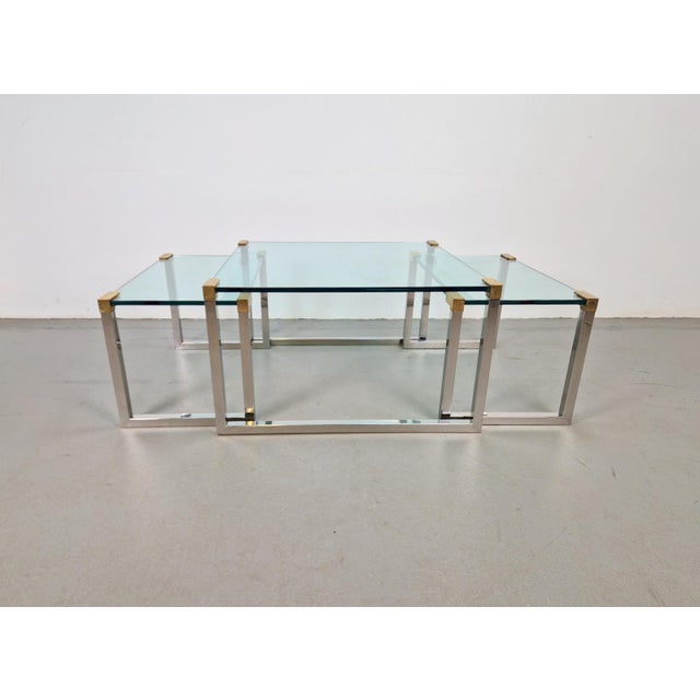 Set 3 Regency Peter Ghyczy coffee table side table T53 brass glass '70 Coffee table set by Peter Ghyczy. Chrome square and...