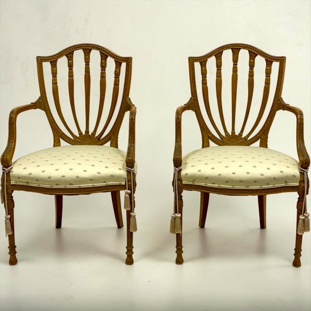 Wood Baker Furniture Carved Fruitwood Shieldback Adam Style Chairs, Pair For Sale - Image 7 of 10