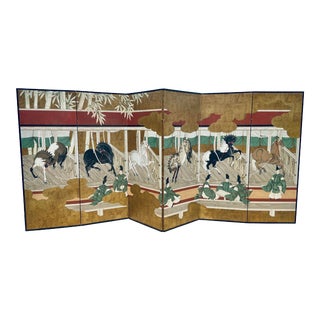 1970s Robert Crowder Large 6 Panel “Byobu” Oriental Screen “Emperor’s Stallions” For Sale