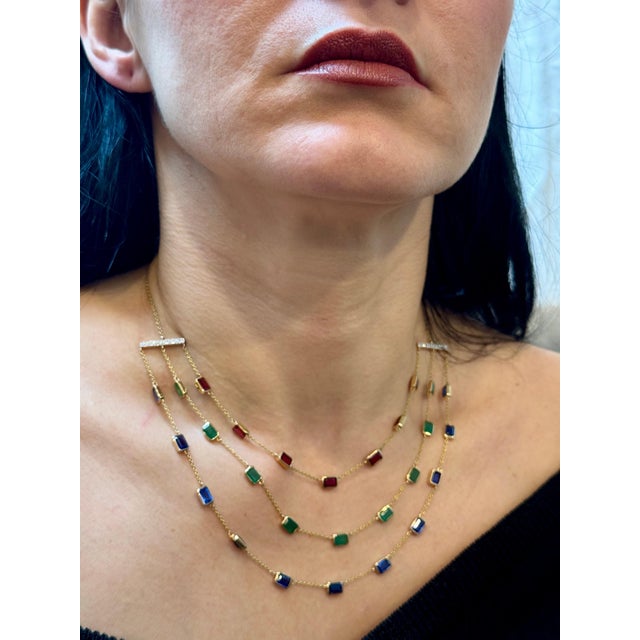 Three Layer Chain emerald , Ruby Diamond and Kyanite Necklace Necklace for Women 14 Karat Yellow gold 14.6 gm Diamond 0.5...