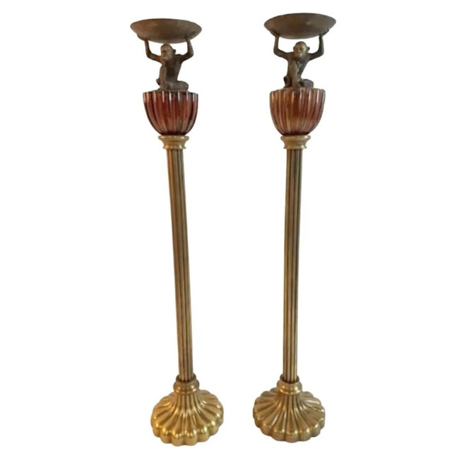 Brass Vintage Ornate Monkey Candle Torchières - a Pair For Sale - Image 8 of 8