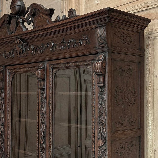19th Century Renaissance Revival Hand-Carved Oak Triple Bookcase For Sale - Image 14 of 18