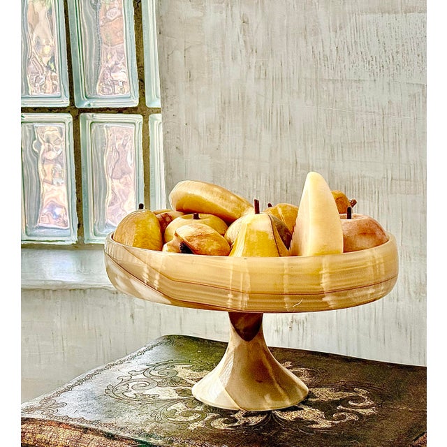 Vintage Mid-Century Mexican Banded Carved Onyx Stone Pedestal Bowl, Centerpiece Filled With 12 Assorted Onyx Fruit....