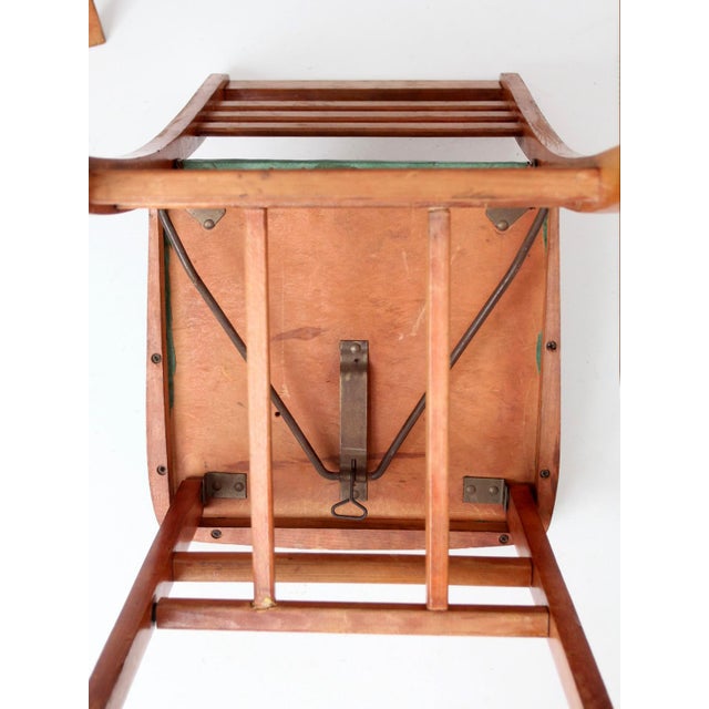 Vintage 1950s Wooden Folding Chairs With Green Upholstered Seats Pair For Sale - Image 12 of 13