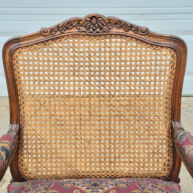Wood Late 20th Century Louis XV Carved Walnut Cane Back Arm Chairs Fauteuils, a Pair For Sale - Image 7 of 18