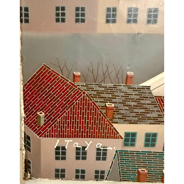 Mid-Century Modern Foussa Itaya, Large Surrealist French Japanese European Cityscape Oil painting Foussa Itaya, c.1950's For Sale - Image 3 of 10