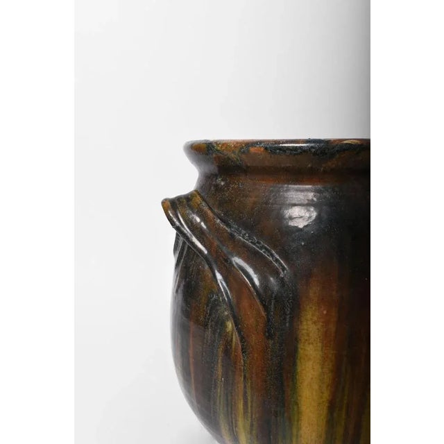 Green blue and yellow ceramic vase with handles, 1950s. Height (cm): 38 Diameter (cm): 30