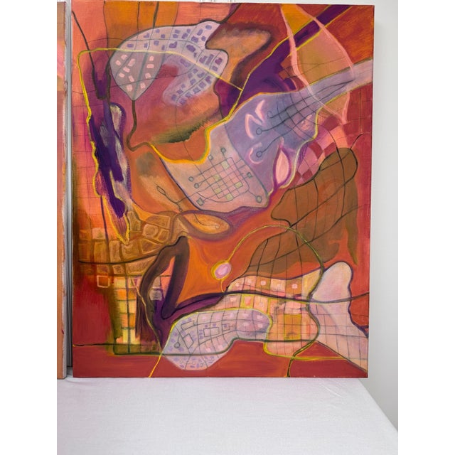 Vintage Contemporary Abstract Expressionism Diptych Original Oil Paintings, a Pair, Magenta, Orange & Plum For Sale - Image 16 of 18