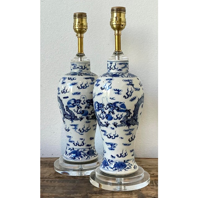 Vintage Dragon Glazed Ceramic Lamps - A Pair For Sale - Image 4 of 12