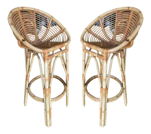 Restored Vintage Albini Style Restored Stick Rattan Bar Stools - a Pair