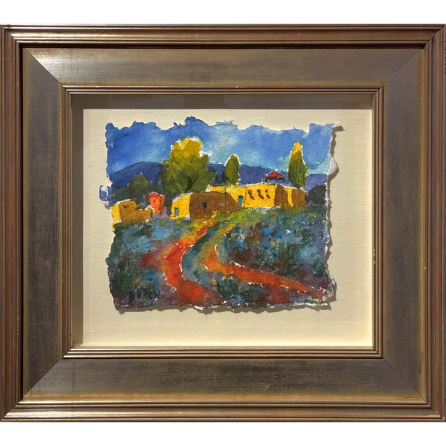 This watercolor depicts a quaint adobe structure nestled in a vibrant landscape, with a winding path leading through lush...