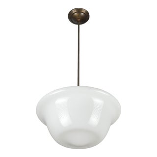 Antique Schoolhouse White Milk Glass Brass Pole Pendant Light For Sale