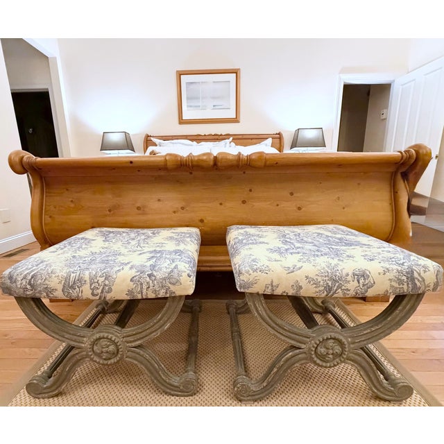 A Pair of Painted Campaign Style X-Base Ottomans Footstools in Butter Yellow and Blue Toile For Sale - Image 14 of 17