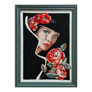 Framed “The Smell of Roses” Needlepoint. For Sale