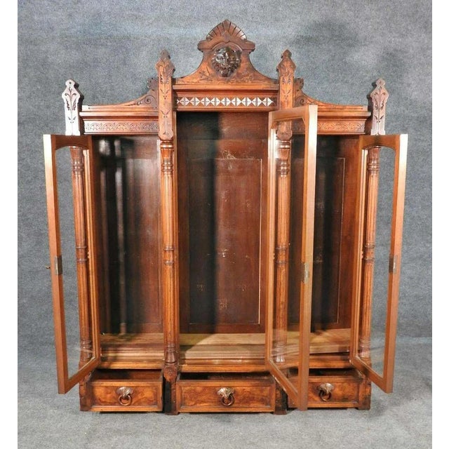 Attributed to Daniel Pabst Walnut Renaissance Revival Bookcase – Figural Victorian Three-Door Display Cabinet C. 1870 For Sale - Image 4 of 6