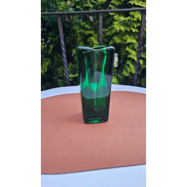 Glass vase by Jiri Zejmon, Rosice Glassworks, 1960s, green, square, dimensions: height 15.7 cm, width 6.8 cm, depth 6.8 cm.