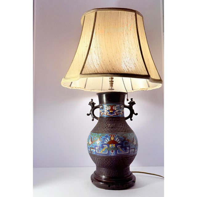 Mid-Century Chinese Cloisonné-Style Bronze Lamp With Dragon Handles For Sale - Image 12 of 18