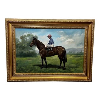 English Equestrian / Sporting Oil Painting of Jockey Joe Mercer and Brigadier Gerard For Sale