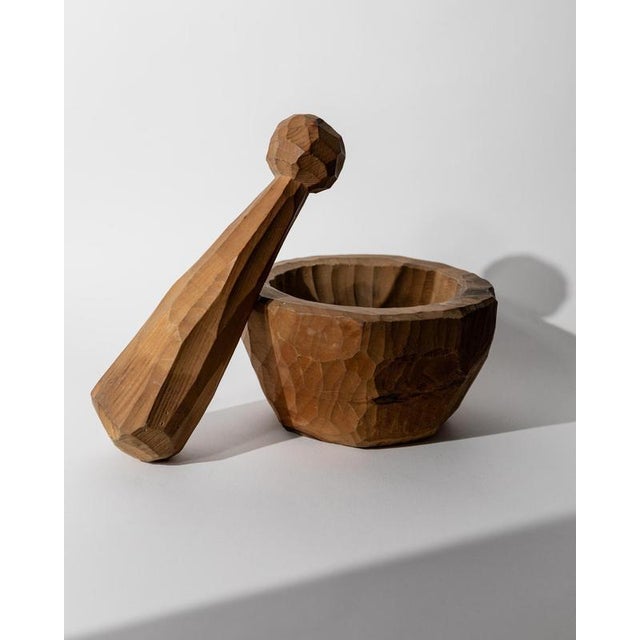 This vintage wooden mortar from the 1970s is a striking handcarved piece in a bold Brutalist form, attributed to Piero de...