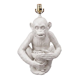 1970s Blanc De Chine Style Italian Ceramic Tropical Monkey Table Lamp For Sale