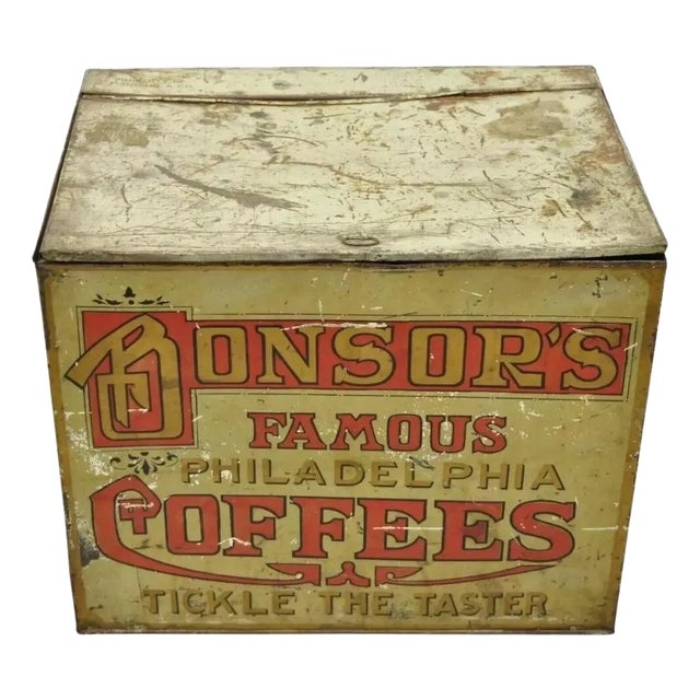 Late 19th Century Bonsor's Famous Philadelphia Coffee Tin Metal Storage Bin Tickle the Taster For Sale