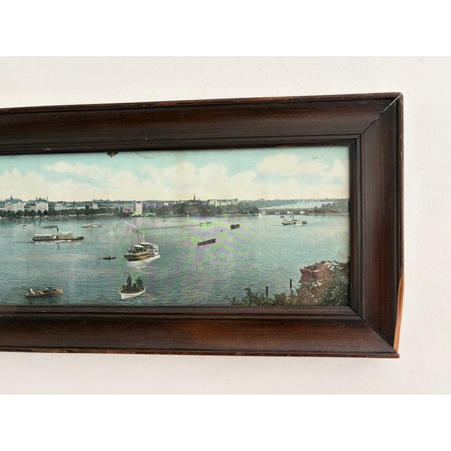Vintage panoramic print of Hamburg, Germany, showing a detailed harbor and cityscape with bridges, boats, and period...