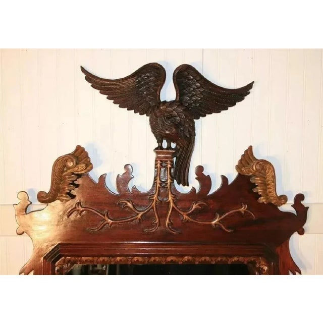 Antique Chippendale Style Mahogany and Giltwood Phoenix Bird Large Wall Mirror. Item features gold gilt decorated carvings...