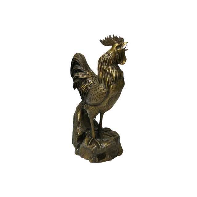 Vintage Brass Color Metal Rustic Fengshui Tilted Upward Rooster Figure For Sale - Image 4 of 10