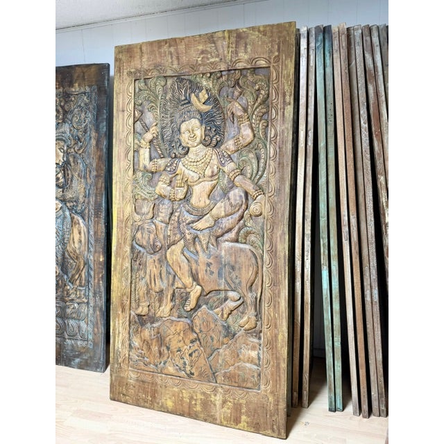 1920s Vintage Hand-Carved Indian Deity Panel | Shiva & Goddess Wood Wall Art / Door Panel 84x41 For Sale - Image 5 of 11