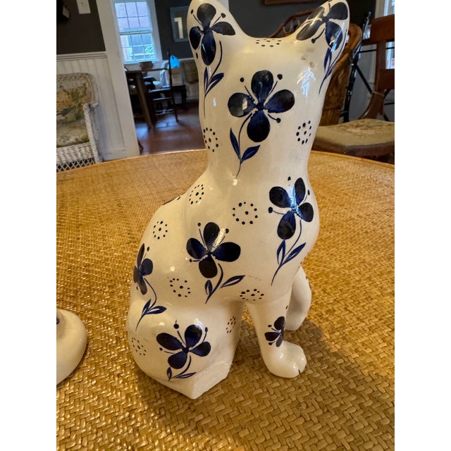 Early 20th Century Blue & White Faience Style Ceramic Cats- a Pair For Sale - Image 10 of 10