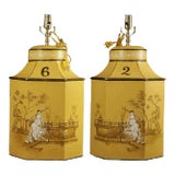 Vintage English Export Tea Caddy Hand-Painted Chinoiserie Figurines Table Lamp.Hand Drawn Table Lamp, Retro Table Lamp For Sale