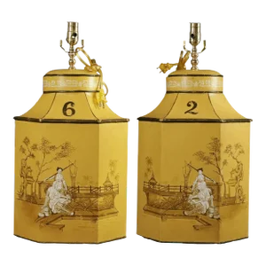 Vintage English Export Tea Caddy Hand-Painted Chinoiserie Figurines Table Lamp.Hand Drawn Table Lamp, Retro Table Lamp