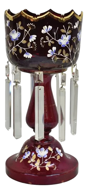 Antique Victorian Cranberry Glass Hand Painted Mantel Lustre Vase With Crystals