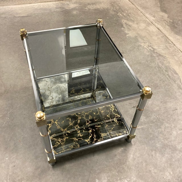 1980s Mid-Century Modern Chrome & Brass Tiered Glass End Table For Sale - Image 9 of 13