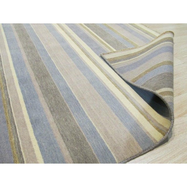 Contemporary 56x8 Blue Hand-Knotted Wool Subtle Striped Texture Geometric Modern Carpet Rug For Sale - Image 3 of 5
