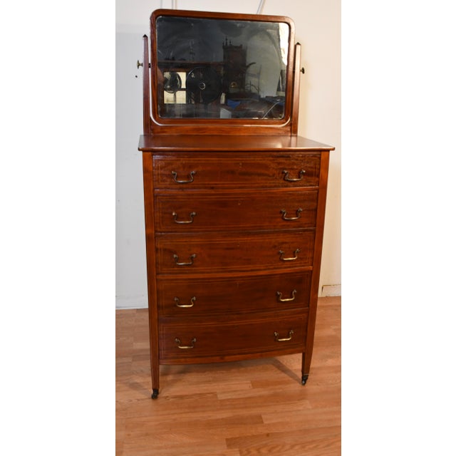 Wood 1900s English Hepplewhite Mahogany Inlaid Low & High Dressers With Mirrors Chests of Drawers For Sale - Image 7 of 18