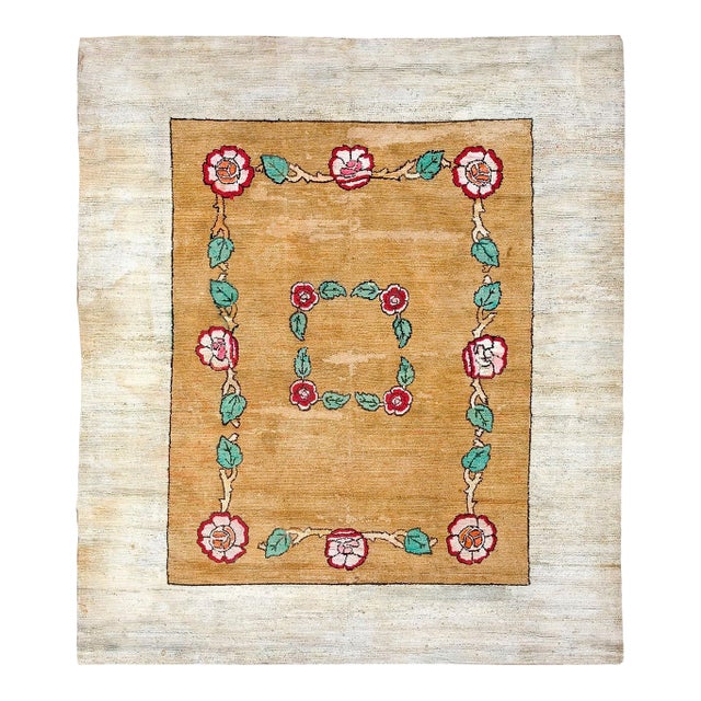 Artistic Floral Inlay Pattern Antique Square Shape American Floral Hand Knotted Pile Rug For Sale