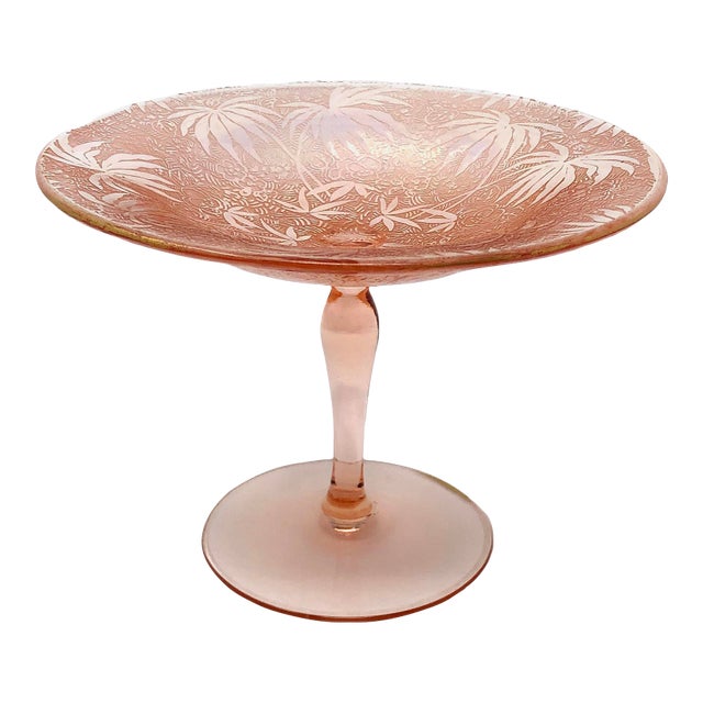 Fostoria Iridescent Pink Glass Brocade Palm Compote For Sale